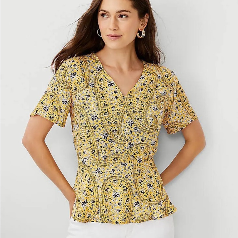 Ann Taylor PAISLEY MIXED MEDIA PEPLUM TOP IN DESERT YELLOW